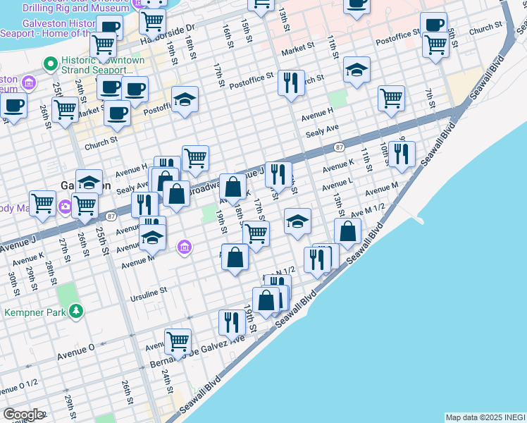 map of restaurants, bars, coffee shops, grocery stores, and more near 1206 17th Street in Galveston