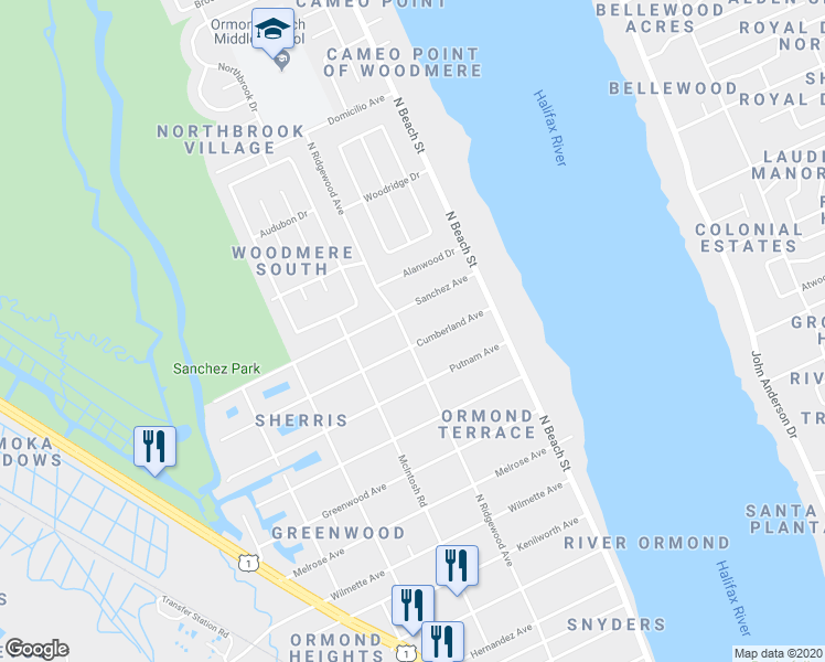 map of restaurants, bars, coffee shops, grocery stores, and more near 603 North Ridgewood Avenue in Ormond Beach