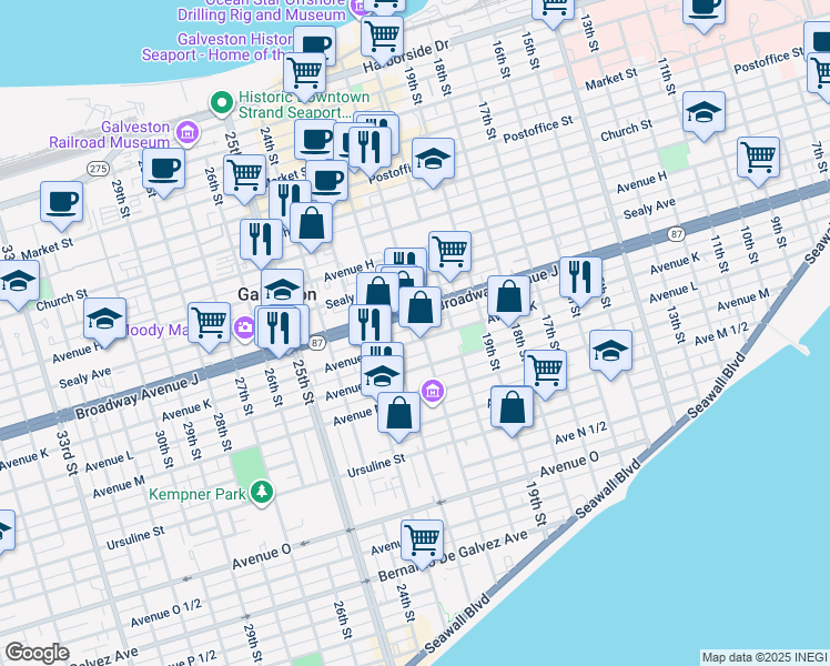 map of restaurants, bars, coffee shops, grocery stores, and more near 1101 21st Street in Galveston