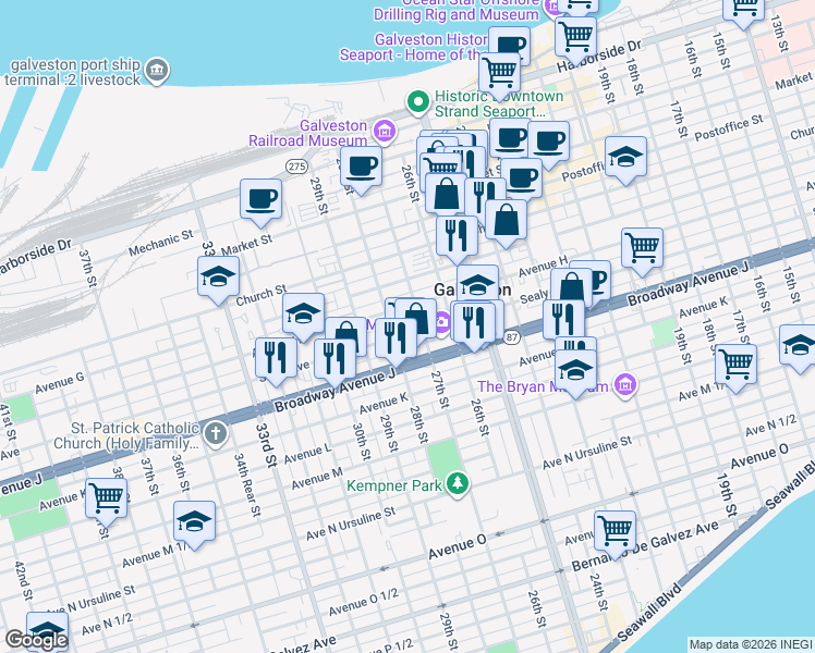 map of restaurants, bars, coffee shops, grocery stores, and more near 907 27th Street in Galveston