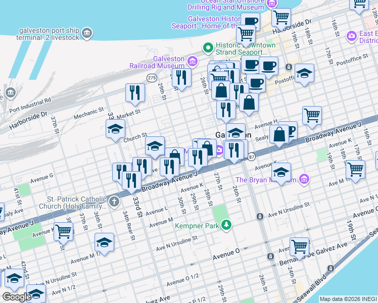map of restaurants, bars, coffee shops, grocery stores, and more near 2802 Sealy Avenue in Galveston
