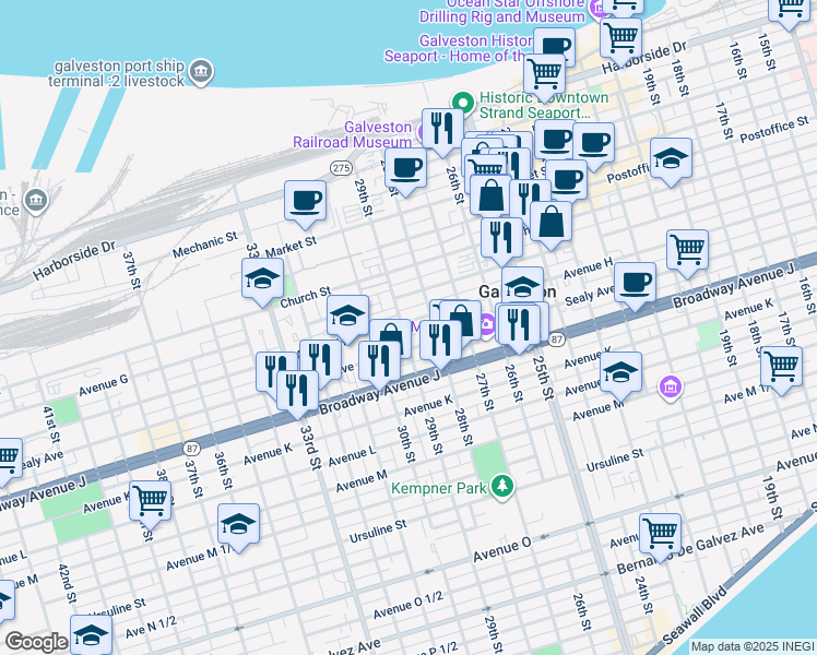 map of restaurants, bars, coffee shops, grocery stores, and more near 2915 Avenue H in Galveston