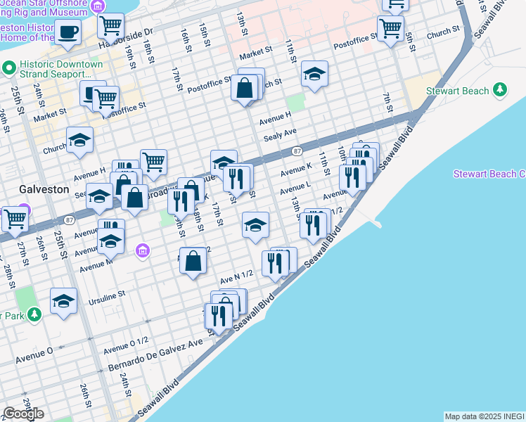 map of restaurants, bars, coffee shops, grocery stores, and more near 1307 15th Street in Galveston