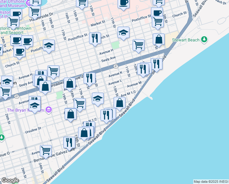 map of restaurants, bars, coffee shops, grocery stores, and more near 1328 1/2 Avenue M in Galveston