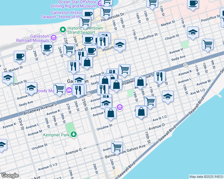 map of restaurants, bars, coffee shops, grocery stores, and more near 1101 21st Street in Galveston