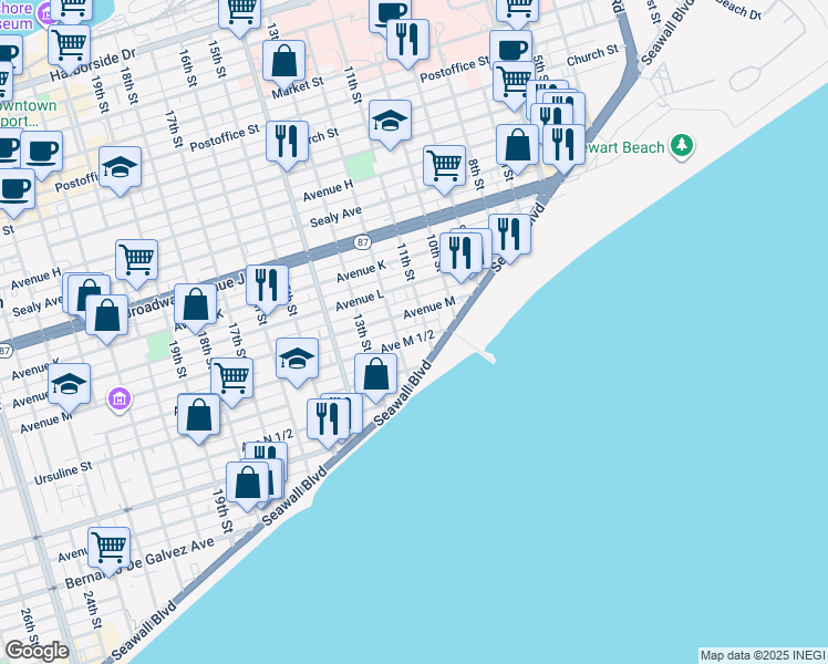 map of restaurants, bars, coffee shops, grocery stores, and more near 1128 Seawall Boulevard in Galveston