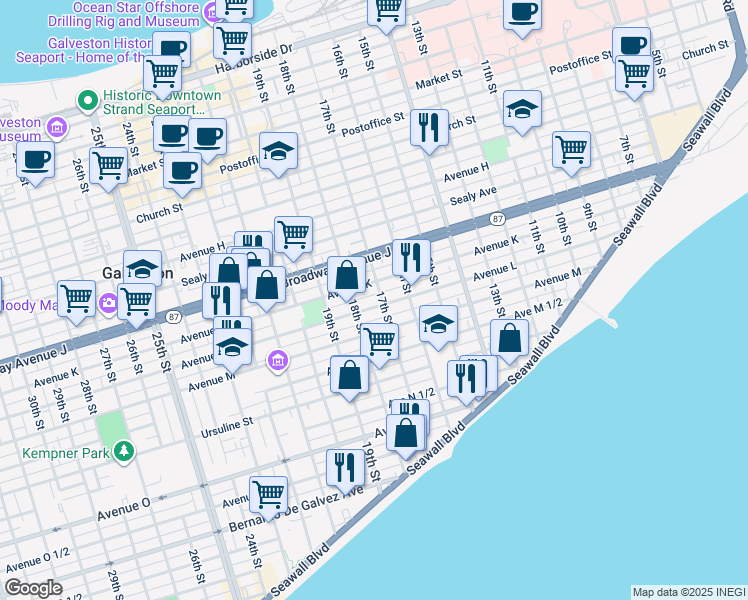 map of restaurants, bars, coffee shops, grocery stores, and more near 1715 Avenue L in Galveston