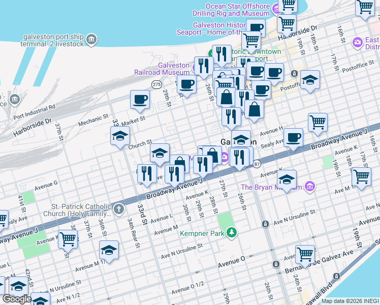 map of restaurants, bars, coffee shops, grocery stores, and more near 2818 Ball Street in Galveston