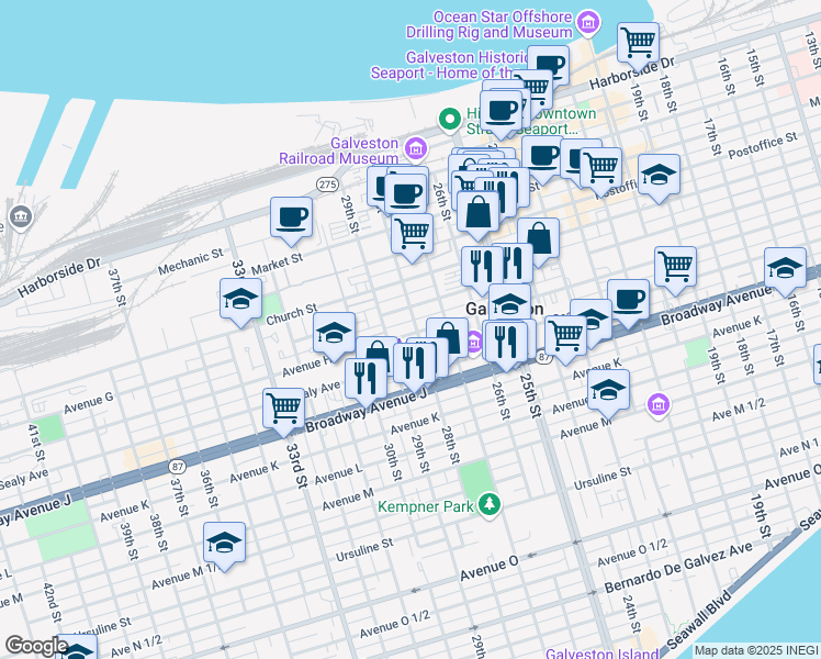 map of restaurants, bars, coffee shops, grocery stores, and more near 708 28th Street in Galveston