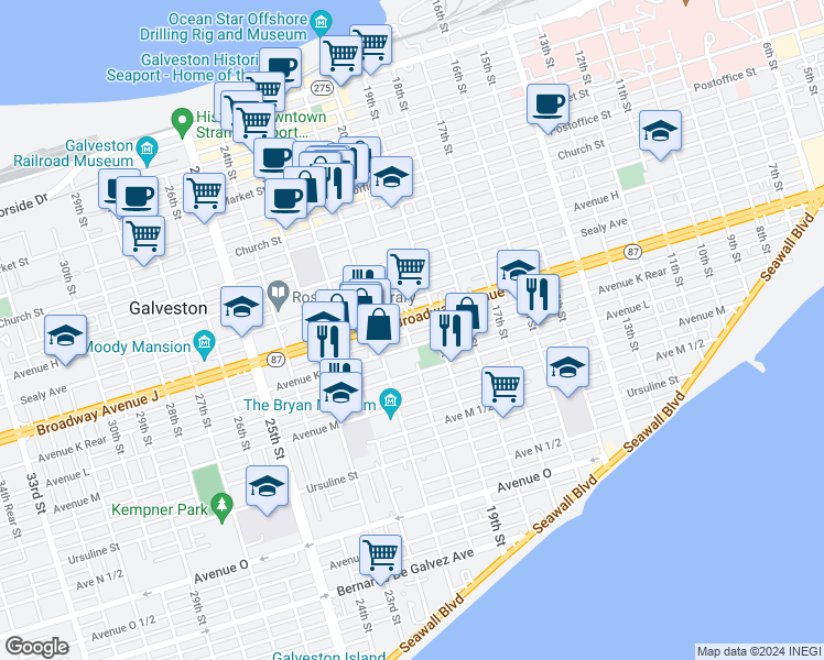 map of restaurants, bars, coffee shops, grocery stores, and more near 1909 State Highway 87 in Galveston