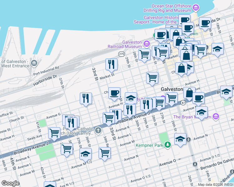 map of restaurants, bars, coffee shops, grocery stores, and more near 3107 Church Street in Galveston