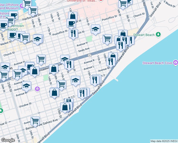 map of restaurants, bars, coffee shops, grocery stores, and more near 1211 12th Street in Galveston