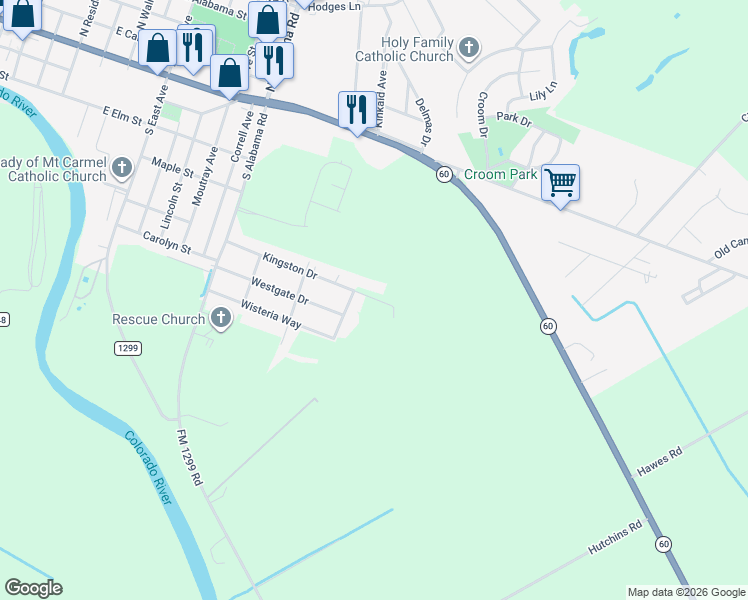map of restaurants, bars, coffee shops, grocery stores, and more near 603 Salisbury Lane in Wharton
