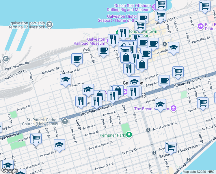 map of restaurants, bars, coffee shops, grocery stores, and more near 708 28th Street in Galveston