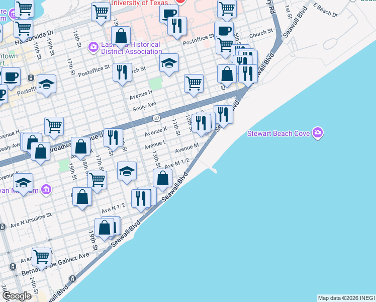map of restaurants, bars, coffee shops, grocery stores, and more near 1102 Avenue M in Galveston