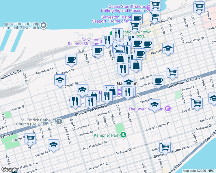 map of restaurants, bars, coffee shops, grocery stores, and more near 708 28th Street in Galveston