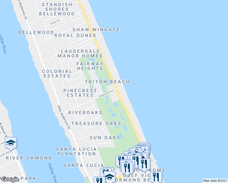 map of restaurants, bars, coffee shops, grocery stores, and more near 338 Ocean Shore Blvd in Ormond Beach