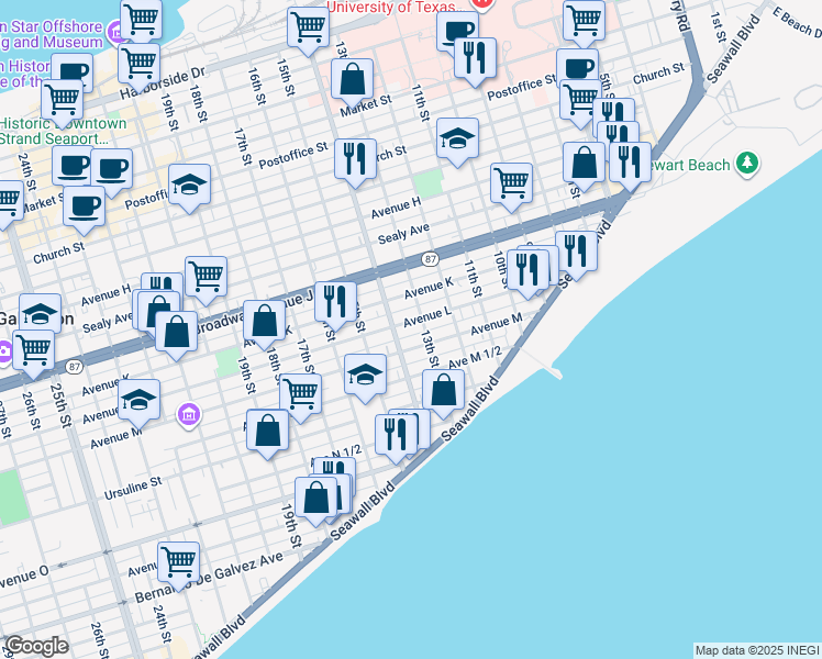 map of restaurants, bars, coffee shops, grocery stores, and more near 1313 Avenue L in Galveston