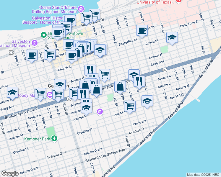 map of restaurants, bars, coffee shops, grocery stores, and more near 1003 19th Street in Galveston
