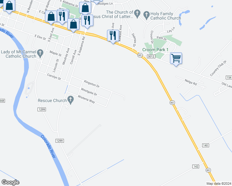 map of restaurants, bars, coffee shops, grocery stores, and more near 603 Salisbury Lane in Wharton