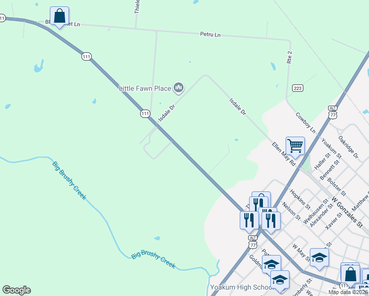 map of restaurants, bars, coffee shops, grocery stores, and more near 2205 West Grand Avenue in Yoakum