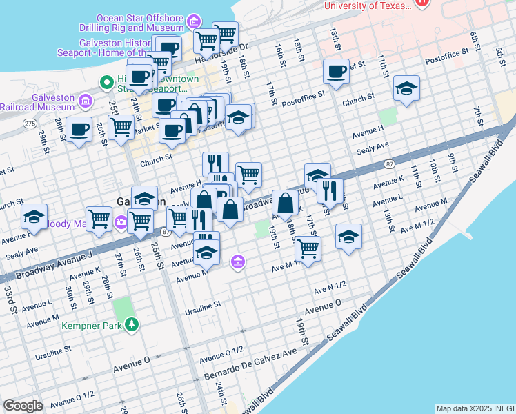 map of restaurants, bars, coffee shops, grocery stores, and more near 1909 State Highway 87 in Galveston