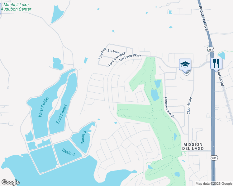 map of restaurants, bars, coffee shops, grocery stores, and more near 11635 Boyd Bay in San Antonio