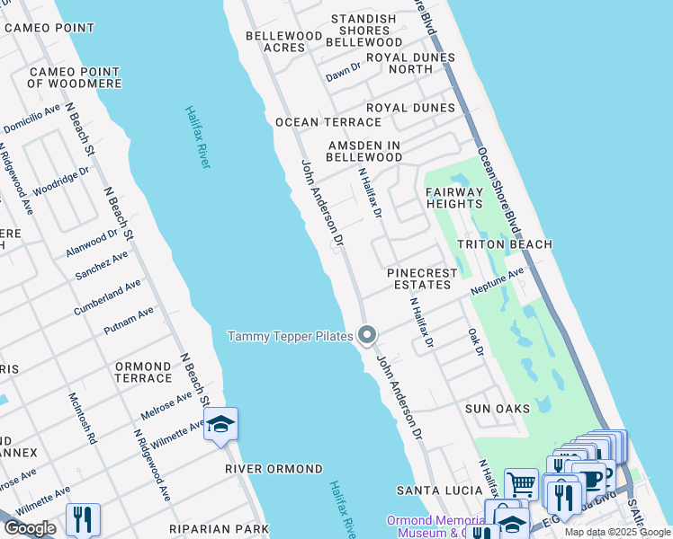 map of restaurants, bars, coffee shops, grocery stores, and more near 488 John Anderson Drive in Ormond Beach