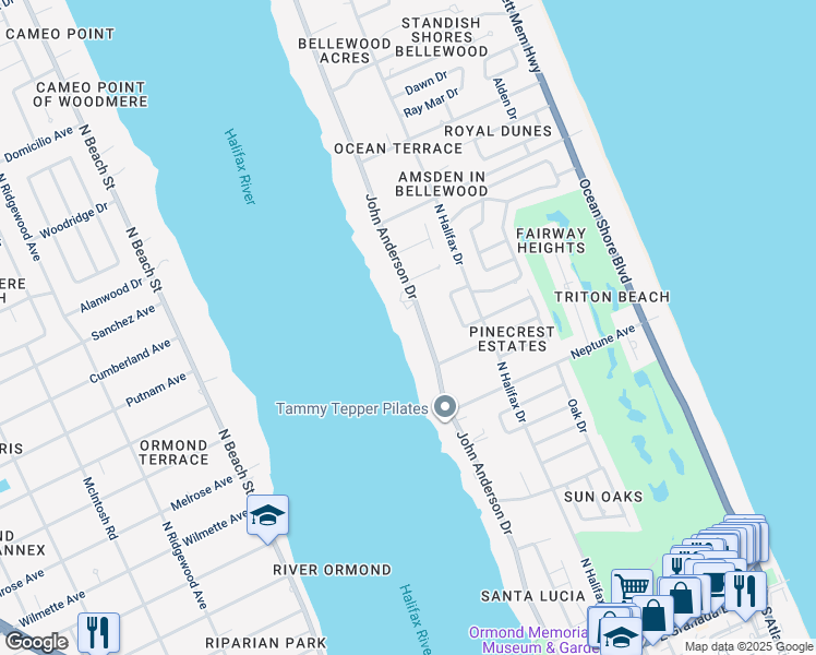 map of restaurants, bars, coffee shops, grocery stores, and more near 488 John Anderson Drive in Ormond Beach