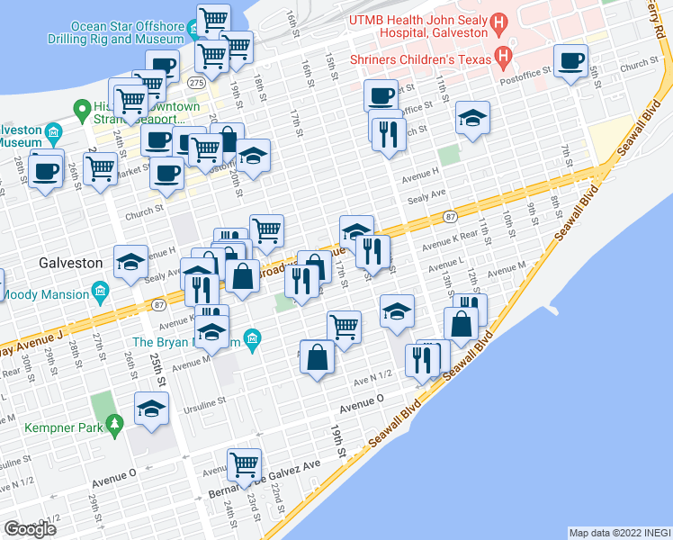 map of restaurants, bars, coffee shops, grocery stores, and more near 1702 Avenue K in Galveston