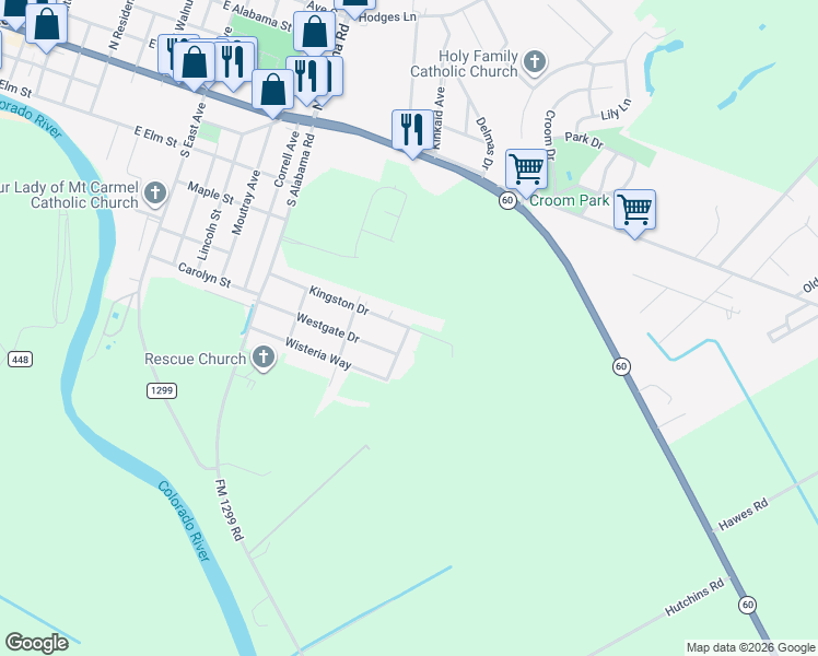 map of restaurants, bars, coffee shops, grocery stores, and more near 603 Salisbury Lane in Wharton