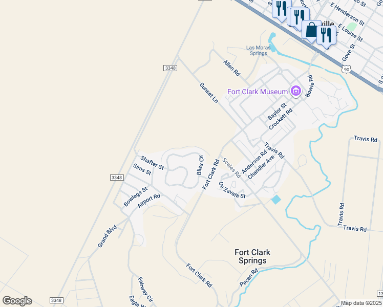 map of restaurants, bars, coffee shops, grocery stores, and more near 155 Bliss Circle in Brackettville
