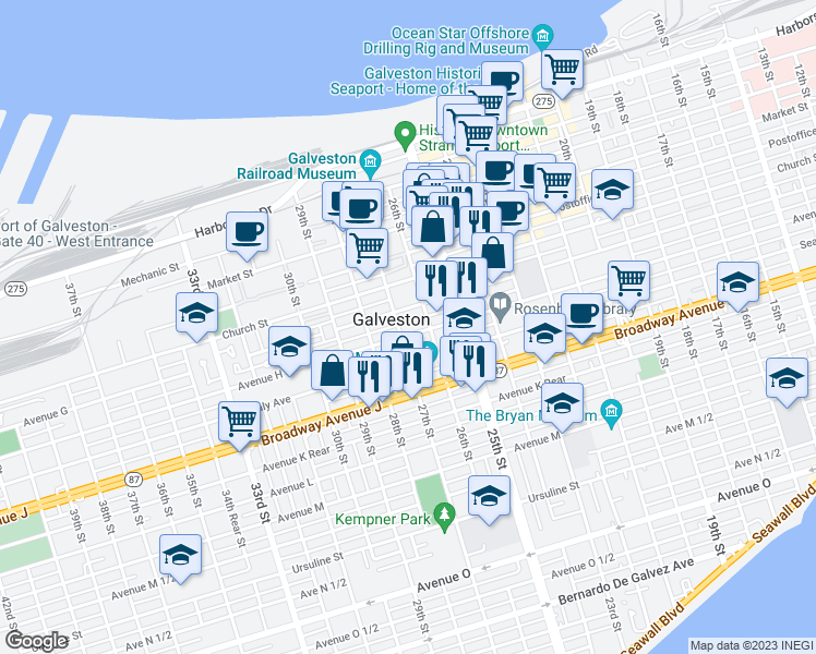 map of restaurants, bars, coffee shops, grocery stores, and more near 2628 Avenue H in Galveston