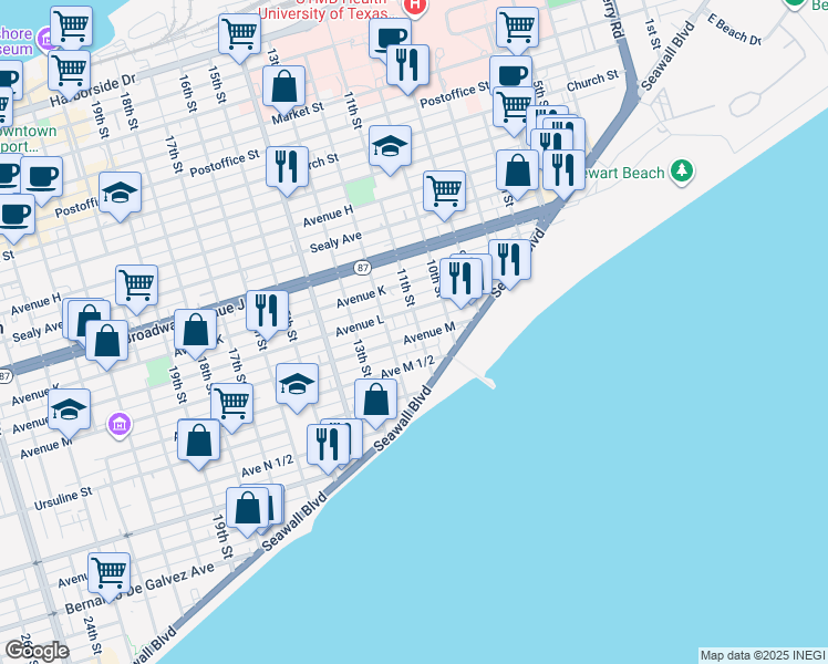 map of restaurants, bars, coffee shops, grocery stores, and more near 1102 Avenue M in Galveston
