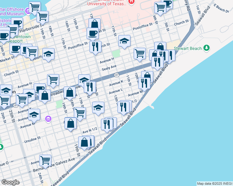 map of restaurants, bars, coffee shops, grocery stores, and more near 1211 12th Street in Galveston
