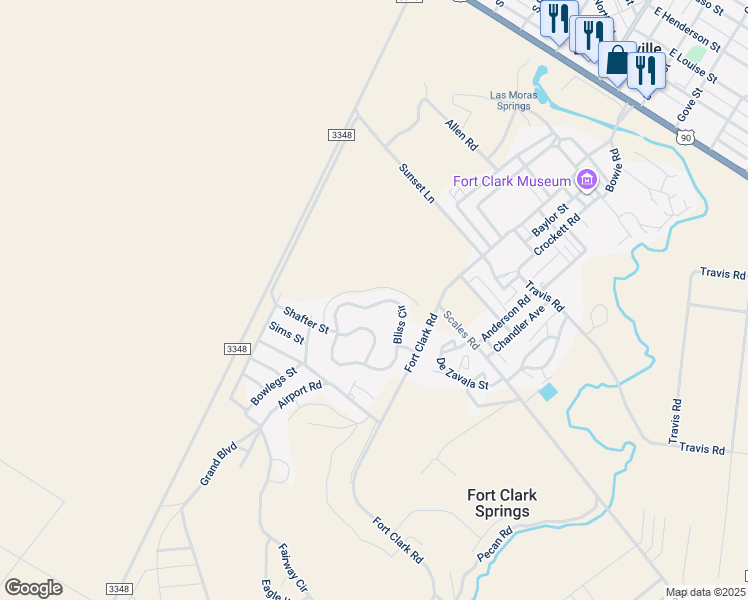 map of restaurants, bars, coffee shops, grocery stores, and more near 155 Bliss Circle in Brackettville