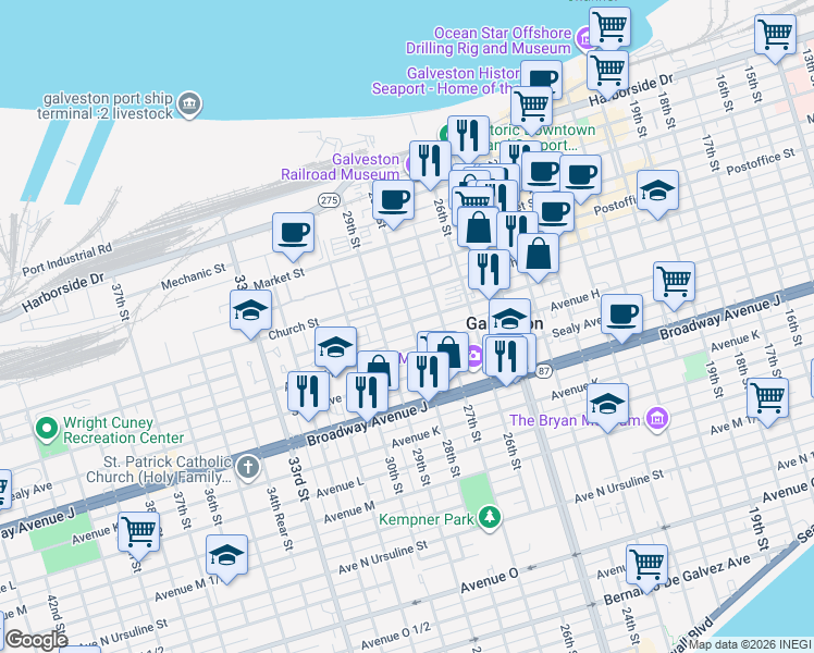 map of restaurants, bars, coffee shops, grocery stores, and more near 708 28th Street in Galveston
