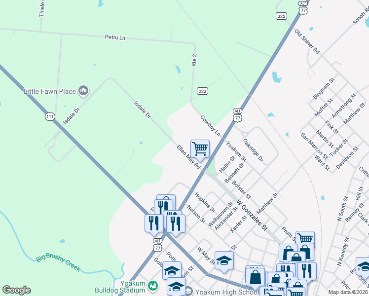 map of restaurants, bars, coffee shops, grocery stores, and more near 105 Isdale Drive in Yoakum