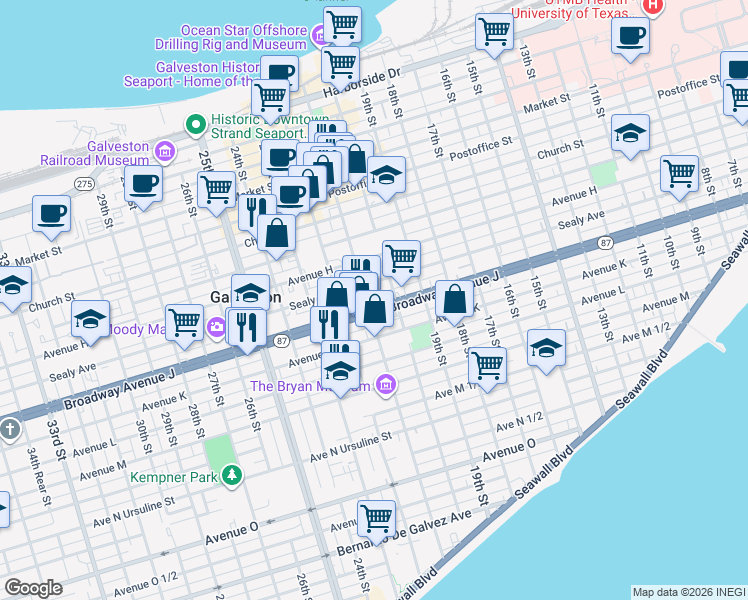 map of restaurants, bars, coffee shops, grocery stores, and more near 914 21st St in Galveston