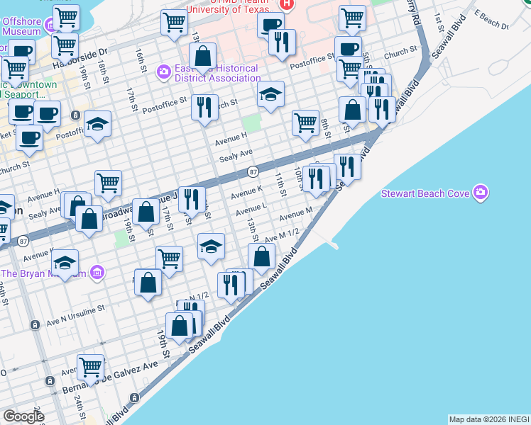 map of restaurants, bars, coffee shops, grocery stores, and more near 1211 12th Street in Galveston