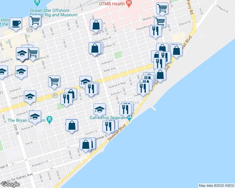 map of restaurants, bars, coffee shops, grocery stores, and more near 1209 Avenue L in Galveston