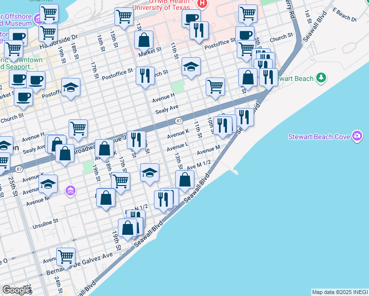 map of restaurants, bars, coffee shops, grocery stores, and more near 1209 Avenue L in Galveston
