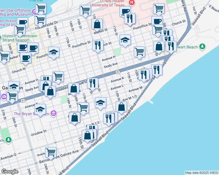 map of restaurants, bars, coffee shops, grocery stores, and more near 1313 Avenue L in Galveston