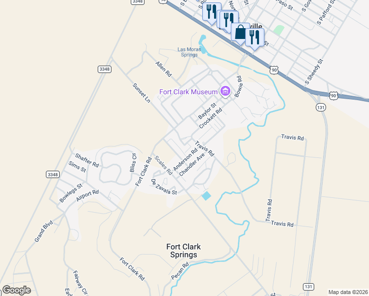 map of restaurants, bars, coffee shops, grocery stores, and more near 56 Anderson Road in Brackettville