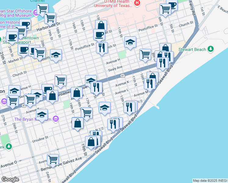map of restaurants, bars, coffee shops, grocery stores, and more near 1313 Avenue L in Galveston