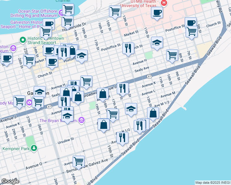 map of restaurants, bars, coffee shops, grocery stores, and more near 1702 Avenue K in Galveston