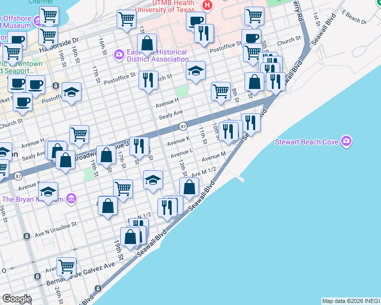 map of restaurants, bars, coffee shops, grocery stores, and more near 1211 12th Street in Galveston