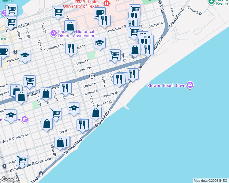 map of restaurants, bars, coffee shops, grocery stores, and more near 1002 Seawall Boulevard in Galveston