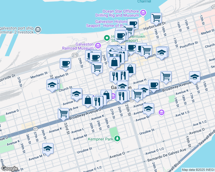 map of restaurants, bars, coffee shops, grocery stores, and more near in Galveston