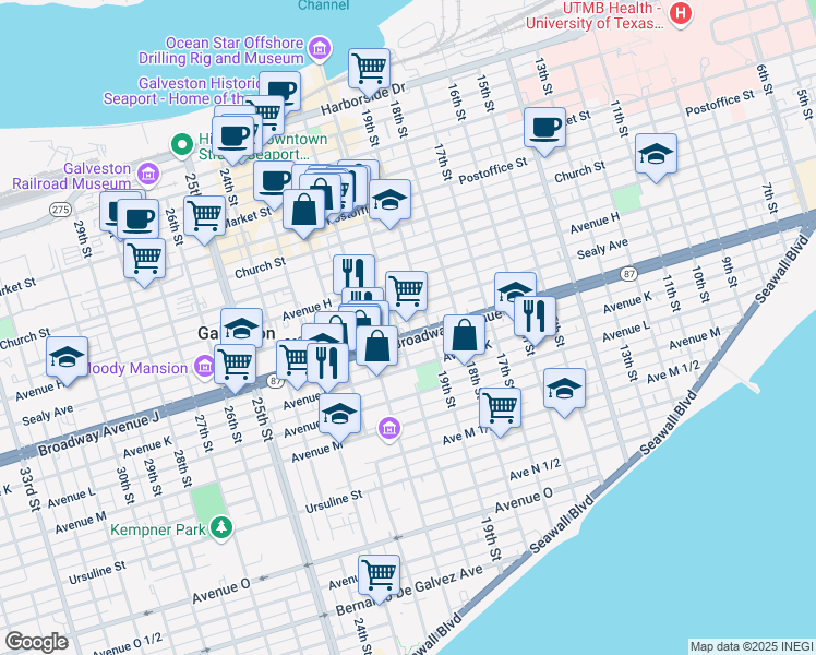 map of restaurants, bars, coffee shops, grocery stores, and more near 1928 Broadway Avenue J in Galveston